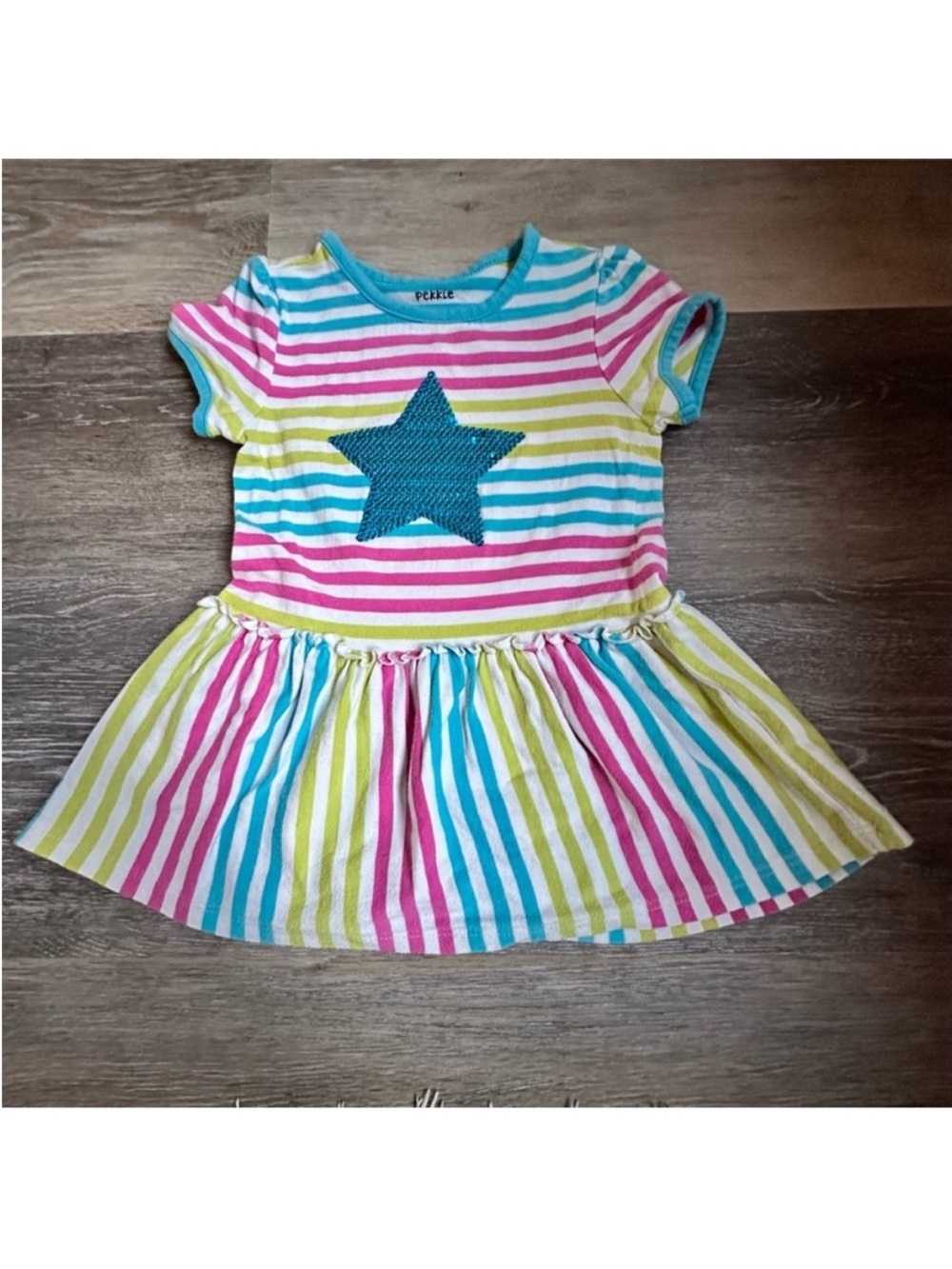 Pekkle Girls Striped Short Sleeve Dress Pink Blue Lime White with Star 2T